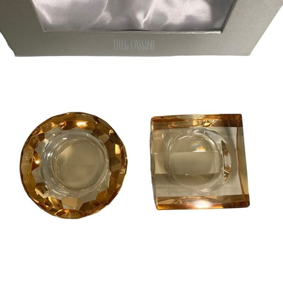 Oleg Cassini Honey Iridescent Crystal Votive Candle Holders Faceted Set of 2 Box - Picture 3 of 12